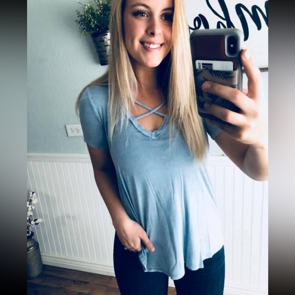 Blue Acid Wash Criss Cross V Neck T Shirt Blouse